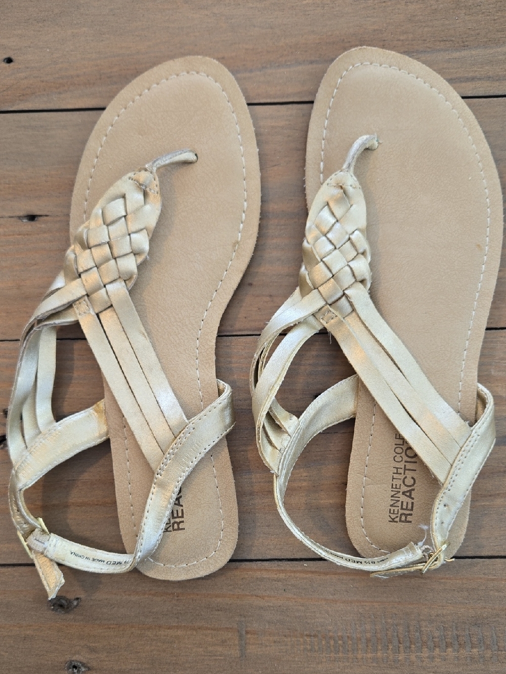 Kenneth Cole Reaction Women's Braided T-Strap Sandals in Champagne